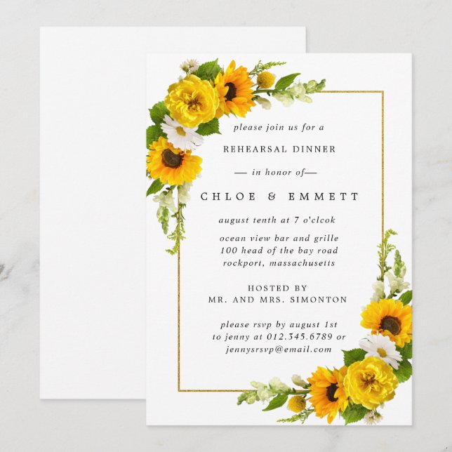 Invitación Cena de Ensayo Floral de girasol amarillo (Anverso / Reverso)