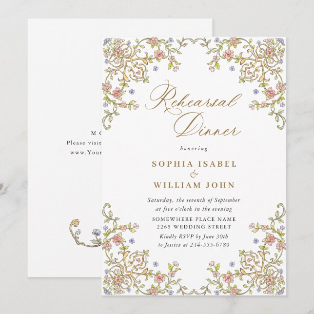 Invitación Cena de ensayo floral de Gracia Ornate victoriana (Anverso / Reverso)
