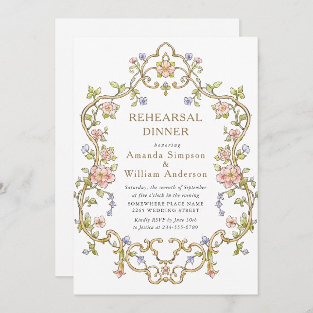 Invitación Cena de ensayo floral de Gracia Ornate victoriana (Anverso / Reverso)