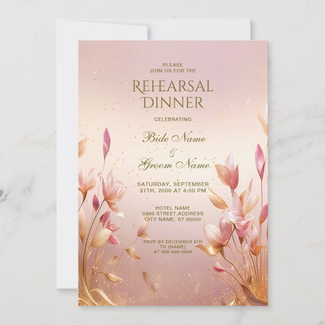 Invitación Cena de ensayo floral de hojas doradas rosadas (Anverso)