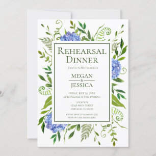 Invitación Cena de Ensayo Floral de Hortensias Azules LGBTQ