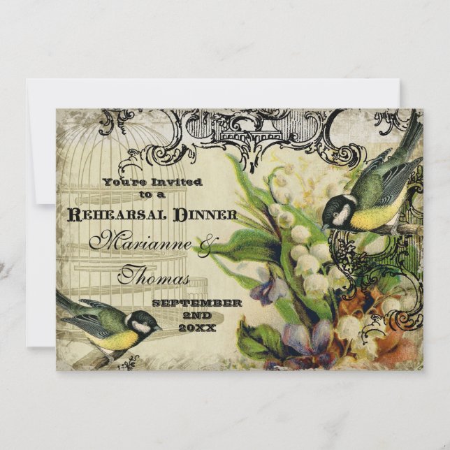 Invitación Cena de ensayo - Floral de jaula de pájaro de canc (Anverso)