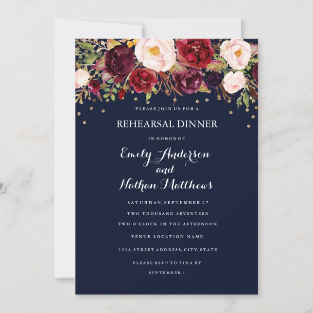 Invitación Cena de ensayo floral de Navy Burgundy Confetti (Anverso)