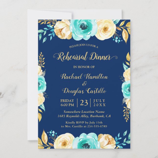 Invitación Cena de ensayo - Floral de oro Verde azulado azul  (Anverso)
