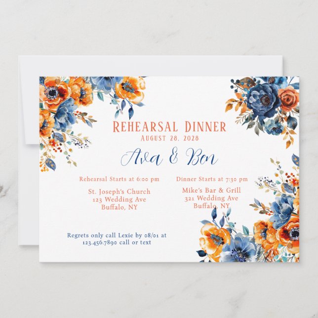 Invitación Cena de ensayo floral de pintura azul y Naranja (Anverso)