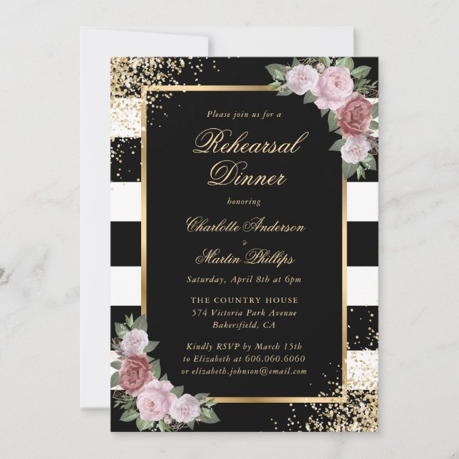 Invitación Cena de ensayo floral de Rubor Black White Gold (Anverso)