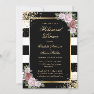 Invitación Cena de ensayo floral de Rubor Black White Gold