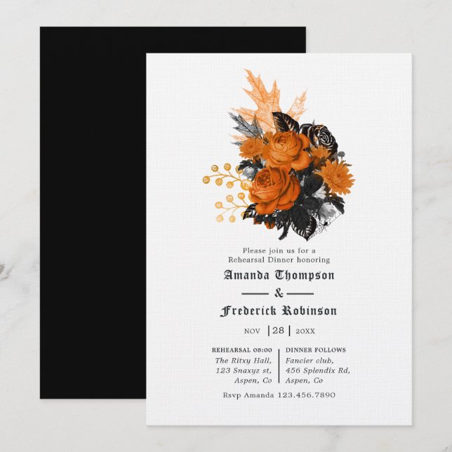 Invitación Cena de ensayo floral de Shabby negro y Naranja (Anverso / Reverso)