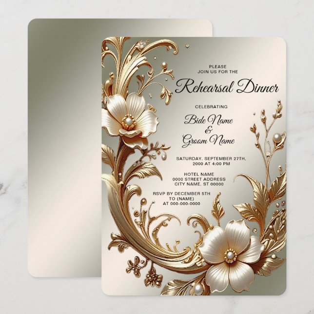 Invitación Cena de Ensayo Floral Dorada (Anverso / Reverso)