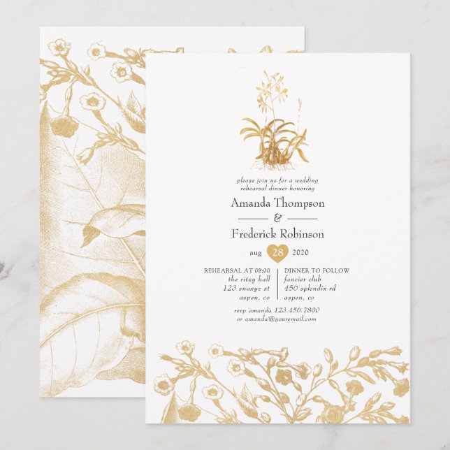 Invitación Cena de Ensayo Floral Dorado Chic (Anverso / Reverso)