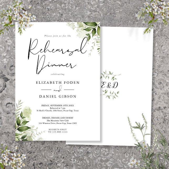 Invitación Cena de ensayo floral elegante con vegetación (Greenery Floral Elegant Rehearsal Dinner Invitation)