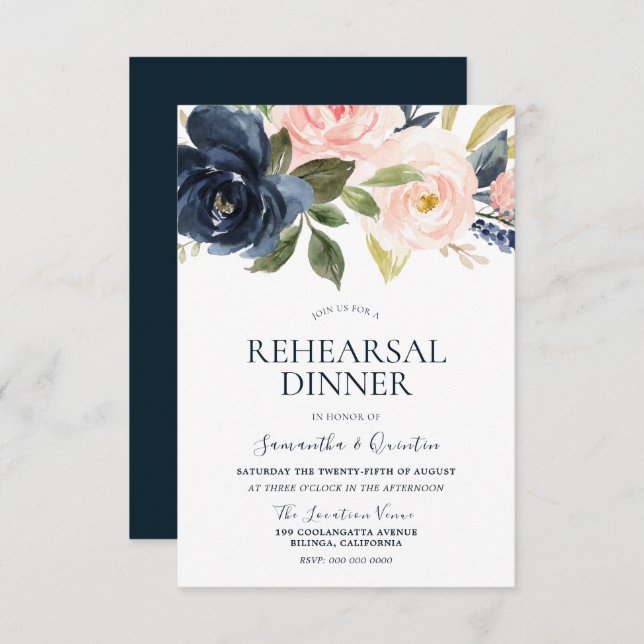 Invitación Cena de ensayo floral en acuarela azul marino rosa (Anverso / Reverso)