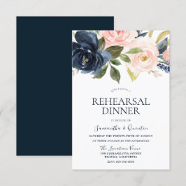 Invitación Cena de ensayo floral en acuarela azul marino y ro