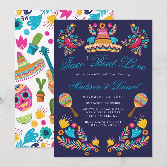 Invitación Cena de ensayo floral fiesta mexicana sombrero (Anverso / Reverso)