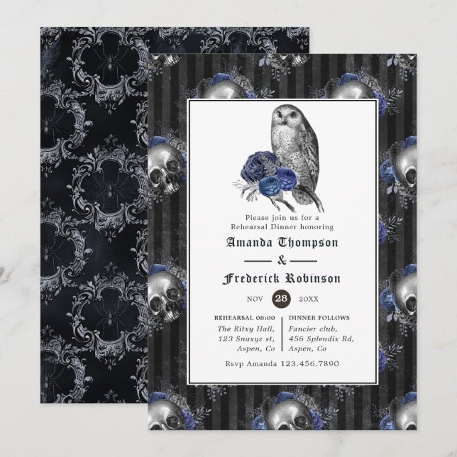Invitación Cena de ensayo floral gótica negra y azul (Anverso / Reverso)