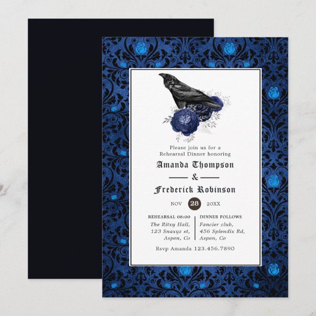 Invitación Cena de ensayo floral gótica negra y azul (Anverso / Reverso)