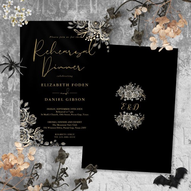 Invitación Cena de ensayo floral gótica negra y dorada (Gothic Floral Black And Gold Rehearsal Dinner Invitation)