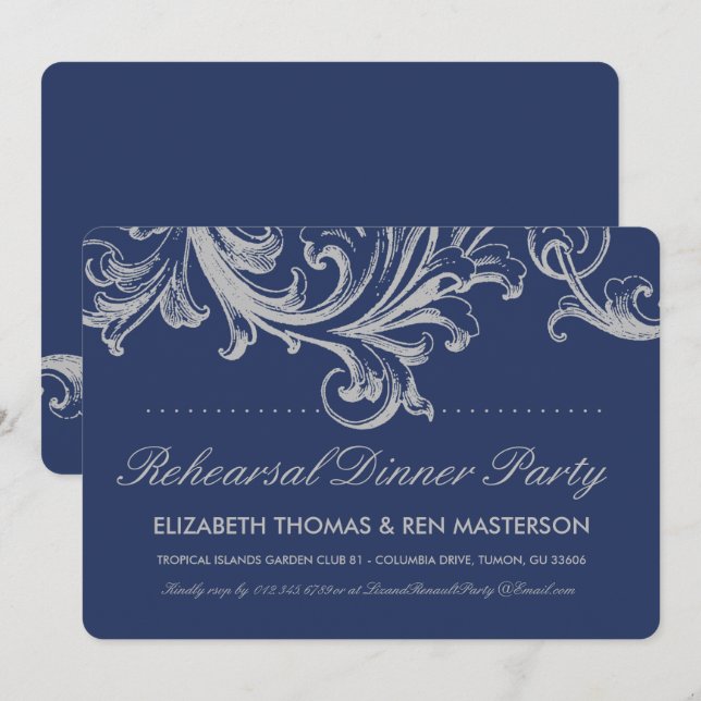 Invitación Cena de ensayo floral gris y azul antiguo (Anverso / Reverso)