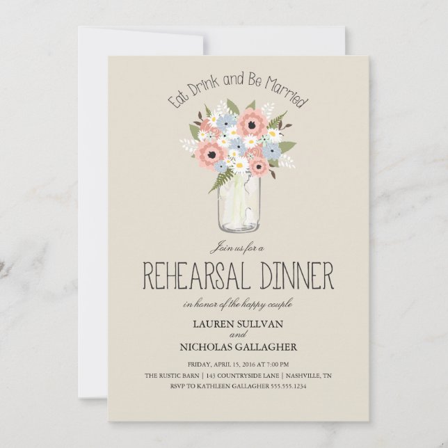 Invitación Cena de ensayo Floral Mason Jar (Anverso)