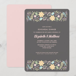 Invitación Cena de ensayo floral moderna rosa con toque gris