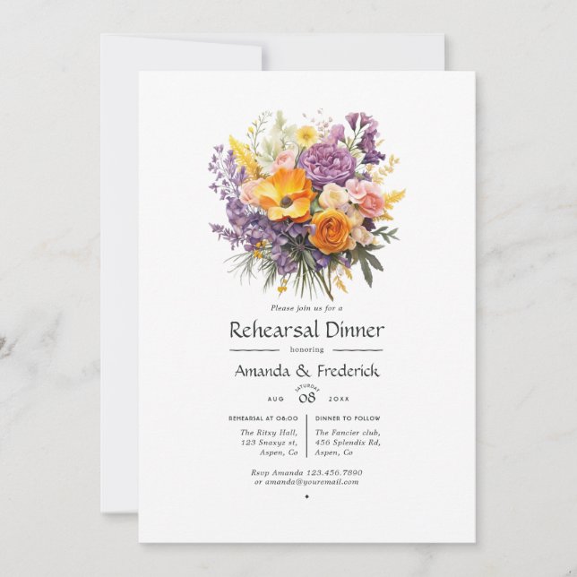 Invitación Cena de ensayo floral morada, naranja y amarilla (Anverso)