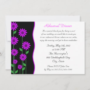 Invitación Cena de ensayo floral morada y negra brillante