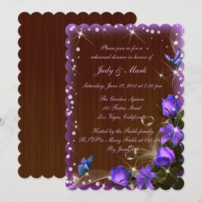 Invitación Cena de Ensayo Floral Morado de Madera Oscura Rúst (Anverso / Reverso)