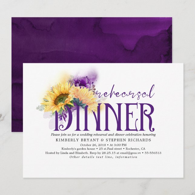 Invitación Cena de ensayo floral morado y amarillo otoño (Anverso / Reverso)