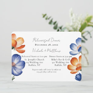 Invitación Cena de ensayo floral naranja y azul cobalto