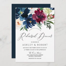 Invitación Cena de ensayo floral naval, borgoña y Rubor