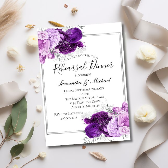 Invitación Cena de Ensayo Floral Plateada Morada Elegante (Purple Silver Elegant Wedding Rehearsal Dinner Invitation. Printed or Instant Digital download)