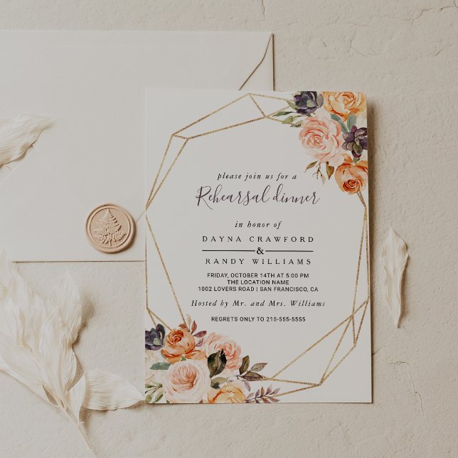 Invitación Cena de ensayo floral púrpura de Rubor geométrico (Subido por el creador)