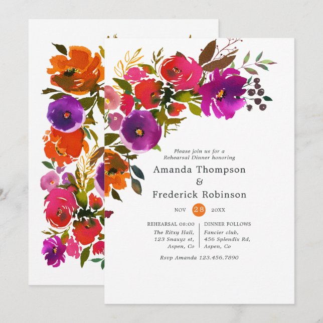 Invitación Cena de ensayo floral púrpura y Naranja (Anverso / Reverso)