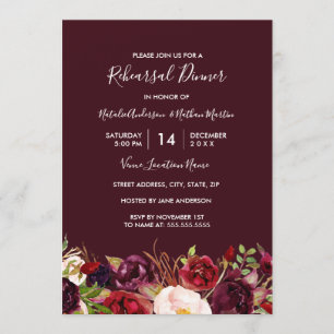 Invitación Cena de ensayo floral roja borgoña Marsala