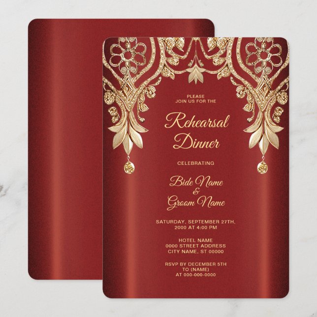 Invitación Cena de Ensayo Floral Roja Dorada Moderna (Anverso / Reverso)