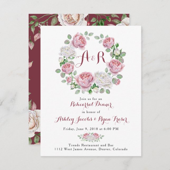 Invitación Cena de ensayo floral rosa de Borgoña (Anverso / Reverso)