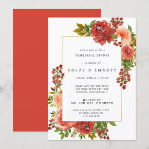 Invitación Cena de ensayo floral rosa de coral rojo borgoñoso