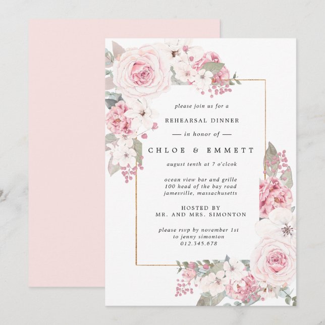 Invitación Cena de ensayo floral rosa rosa de Rubor (Anverso / Reverso)