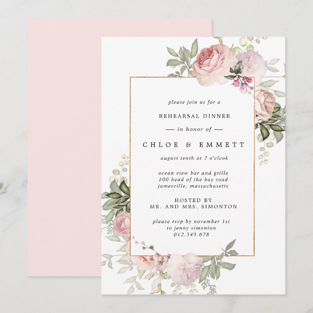 Invitación Cena de ensayo floral rosa rosa de Rubor (Anverso / Reverso)