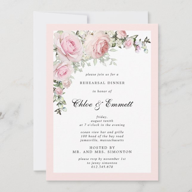 Invitación Cena de Ensayo Floral Rosa Rosado (Anverso)