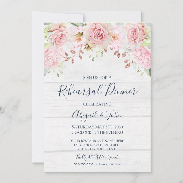 Invitación Cena de Ensayo Floral Rosa Rústica de Primavera (Anverso)