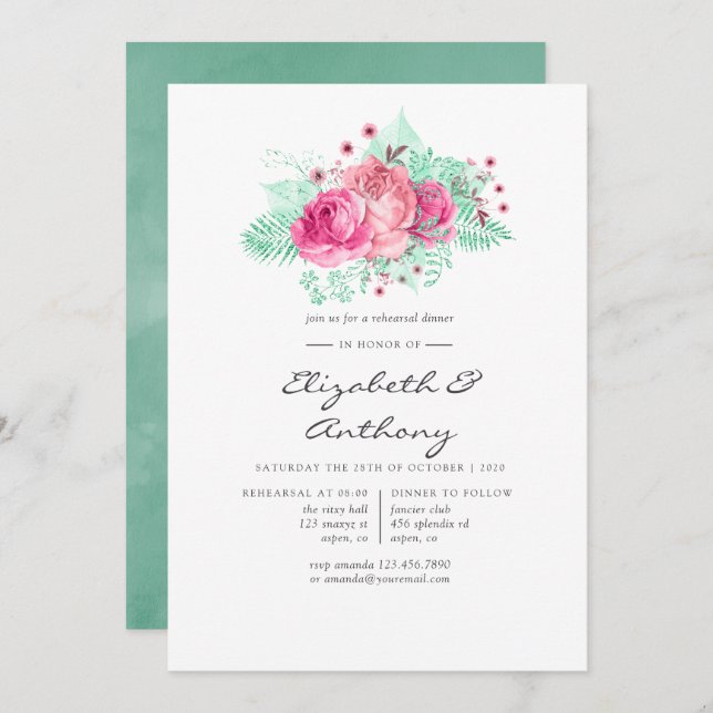 Invitación Cena de ensayo floral rosa y de menta (Anverso / Reverso)