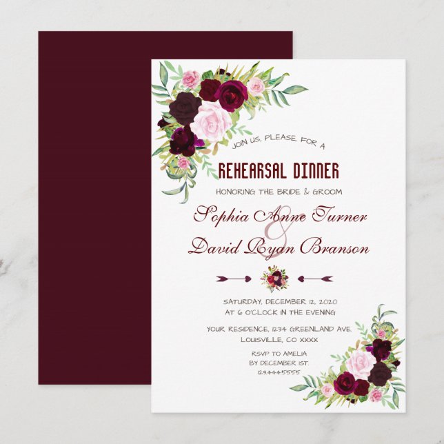 Invitación Cena de ensayo floral Royal Burgundy Marsala (Anverso / Reverso)