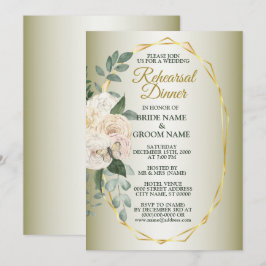 Invitación Cena de Ensayo Floral Verde Dorado Geométrico