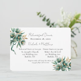 Invitación Cena de Ensayo Floral Verde Esmeralda y Dorado