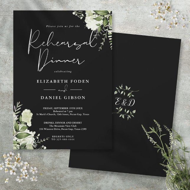 Invitación Cena de ensayo floral verde y blanco negro (Greenery Floral Black And White Rehearsal Dinner Invitation)