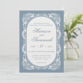 Invitación Cena de Ensayo Floral Vintage de Encaje Azul