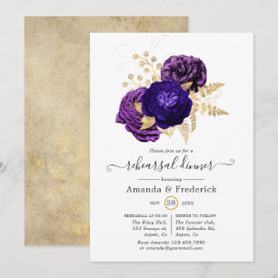 Invitación Cena de ensayo floral violeta, púrpura y dorado