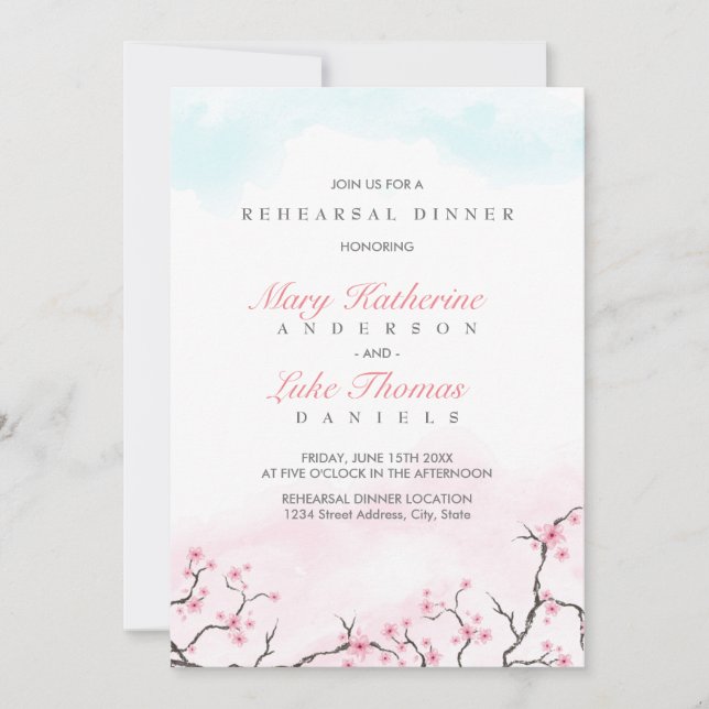 Invitación Cena de ensayo | Flores de cerezo acuarela (Anverso)