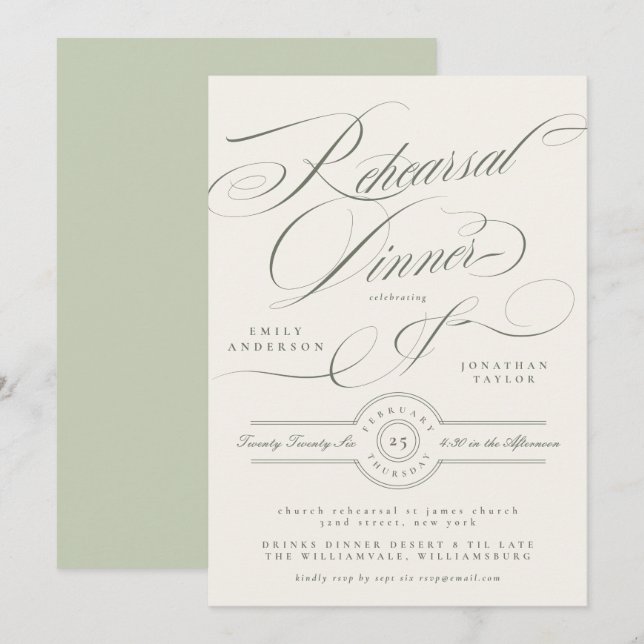 Invitación Cena de Ensayo Formal de Pistacho (Anverso / Reverso)